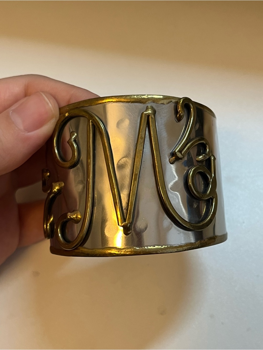 Brutalist Mixed Metal Artisan Hammered Soldered Adjustable Cuff Bracelet Glass